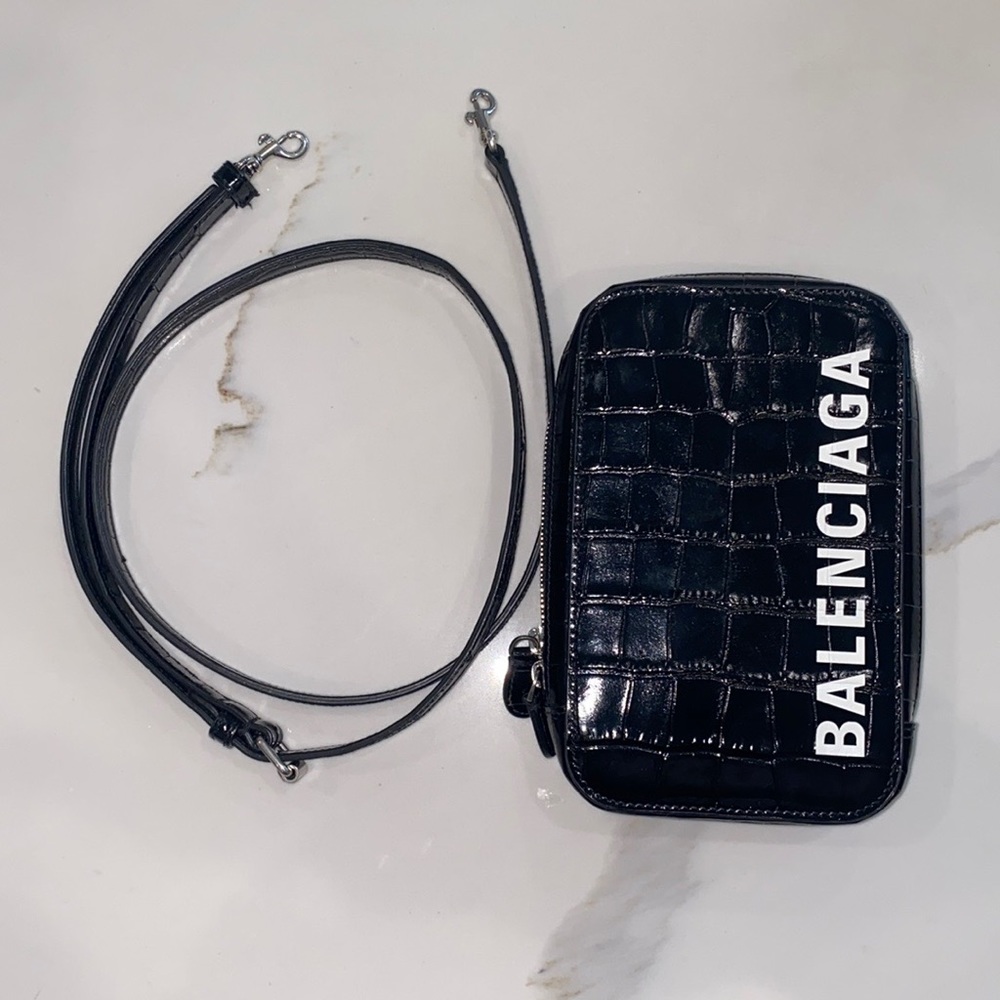 Balenciaga Black Croc-Embossed Phone Crossbody